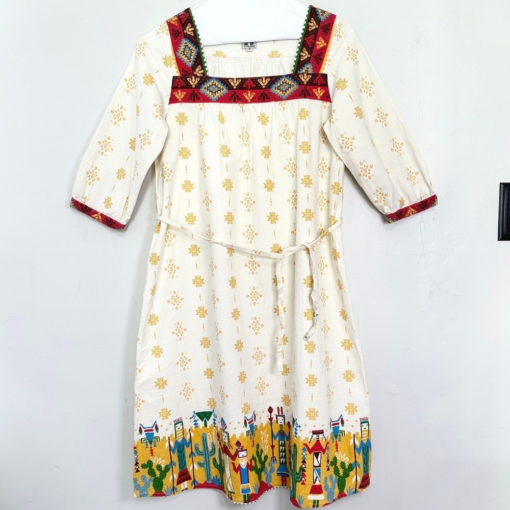Titicaca Japan Cream Colorful Southwestern Print Cotton Midi Dress Size F